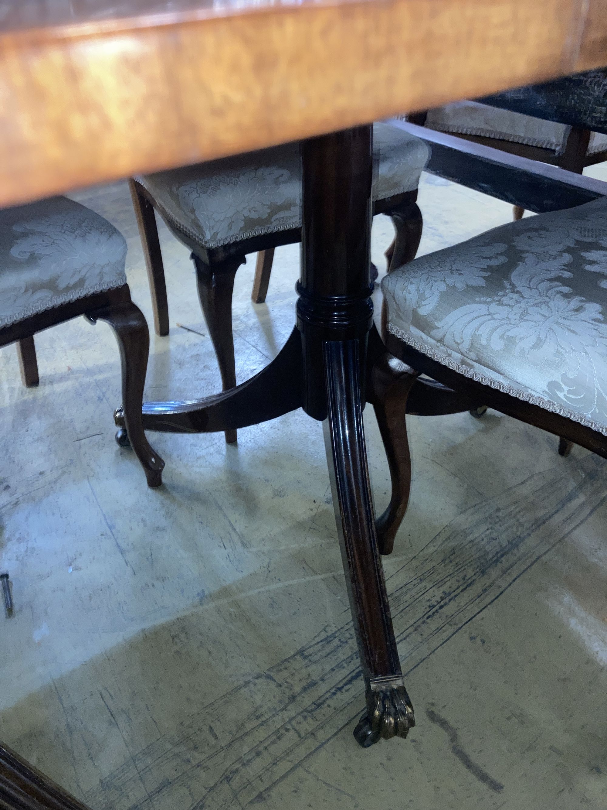 A Regency style mahogany two pillar extending dining table, length 240cm extended (two spare leaves), width 98cm, height 75cm
